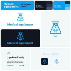 2D medical equipment line business logo with brand name. Lab flask and lightbulb icon. Design element and visual identity. Template with lato font. Suitable for medical, healthcare, laboratory. © bsd studio