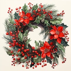 Merry Christmas wreath with quote, white background. Green pine twigs and red berries. Nature design greeting card template. Winter holidays. 