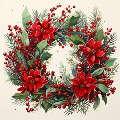 Merry Christmas wreath with quote, white background. Green pine twigs and red berries. Nature design greeting card template. Winter holidays. 