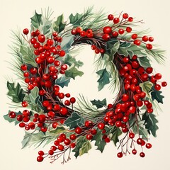 Merry Christmas wreath with quote, white background. Green pine twigs and red berries. Nature design greeting card template. Winter holidays. 