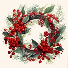 Merry Christmas wreath with quote, white background. Green pine twigs and red berries. Nature design greeting card template. Winter holidays. 