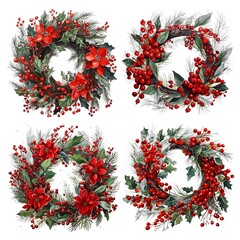 Merry Christmas wreath with quote, white background. Green pine twigs and red berries. Nature design greeting card template. Winter holidays. 