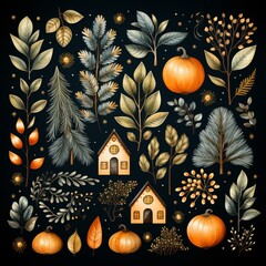 Watercolor christmas ornaments clipart. Winter farmhouse illustration. Christmas tree, gnome, garland, firewood basket, vintage lantern, socks, bubbles, candle. Beige, black and white color