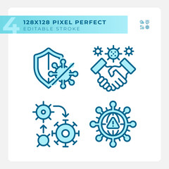 2D pixel perfect blue icons collection representing bacteria, editable thin line illustration.