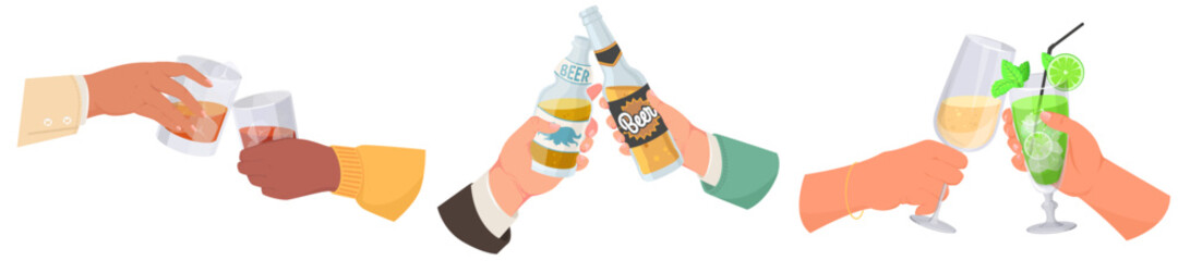 Human hands cheers alcohol drink glass set
