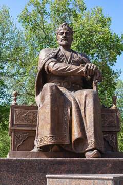 Amir Timur (Tamerlane) monument. Close up, vertical. April 25, 2023. Samarkand city, Uzbekistan