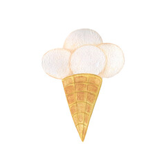 Watercolor illustration, ice cream in a waffle cup