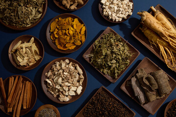 Over the blue background, many different types of traditional medicine are arranged. These herbs...
