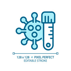 2D pixel perfect editable blue virus with tube icon, isolated monochromatic vector, thin line illustration representing bacteria.