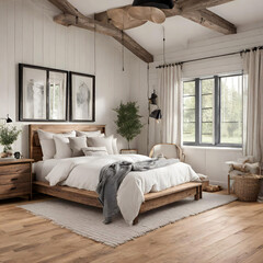 Farmhouse interior design of modern bedroom with hardwood floor Generative ai