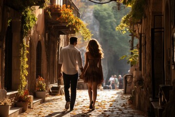 Couple exploring a charming European street, hand in hand, Generative AI