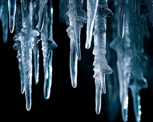 Frozen Icicles hanging. Isolated on a black background with shallow field of view. Concept of winter, cold and freezing. Close up.  - obrazy, fototapety, plakaty