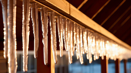 Row of Icicles hanging from a roof. Newly frozen in the recent winter frost at night. Concept of the cold winter season. Shallow field of view.