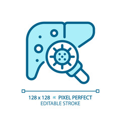 2D pixel perfect editable blue liver with virus icon, isolated monochromatic vector, thin line illustration representing bacteria.