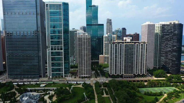 Aerial view approaching skyscrapers of the New Eastside of Chicago. in sunny USA