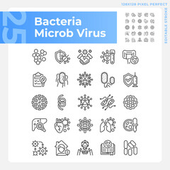 2D pixel perfect black icons pack representing bacteria, editable thin line illustration.
