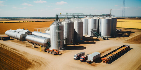 Aerial View of Summer Industrial Zone with Steel Grain Silos . Agricultural Storage: Steel Grain Silos in Summer Setting . Scenic Steel Grain Silos in Agricultural Field During Summer