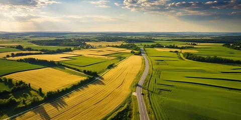   Aerial Shot of Rural Farmland . Aerial rural landscape with yellow patched agriculture fields and blue sky with white clouds . © Maria