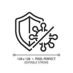 2D pixel perfect editable black virus with shield icon, isolated vector, simple thin line illustration representing bacteria.