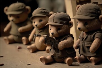 stop motion film about tiny bears that wear hats collecting weapons and guns storage ww2 war 1940  - obrazy, fototapety, plakaty
