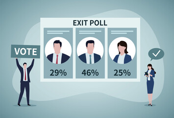 Election results. Exit poll. Democracy and voting results. Male politician and woman election observer . Ballot paper with photos of candidates and text. Referendum concept. Flat Vector illustration - obrazy, fototapety, plakaty