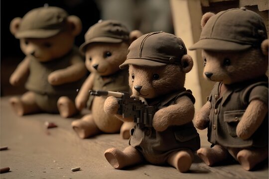 stop motion film about tiny bears that wear hats collecting weapons and guns storage ww2 war 1940 