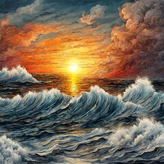 sunset on stormy sea ultra hd realistic vivid colors highly detailed uhd drawing pen and ink Generative ai