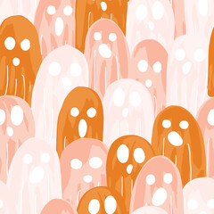 Crowd of cute ghosts forming a seamless vector pattern in a palette of pastel peach, brown and pastel pink over off white. Great for home decor, fabric, wallpaper, gift-wrap, stationery and packaging.
