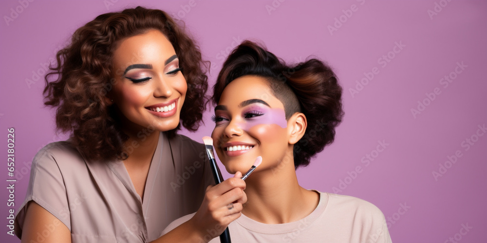 Sticker Positive mixed race women apply foundation and color