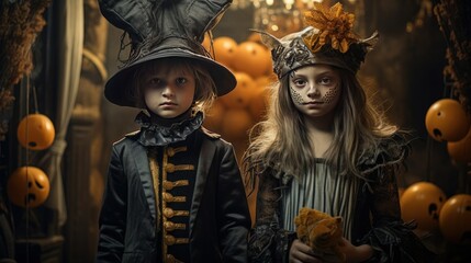 Obraz na płótnie Canvas Two children dressed in Halloween costumes