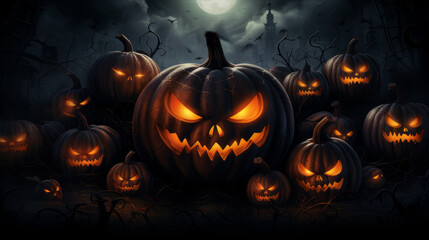 Halloween dark background with pumpkins and spiders