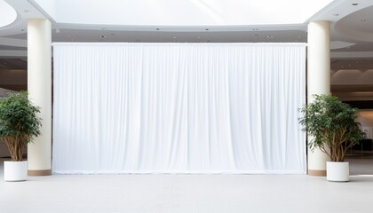 Modern Venue with White Draped Backdrop and Pillars in a Spacious Area