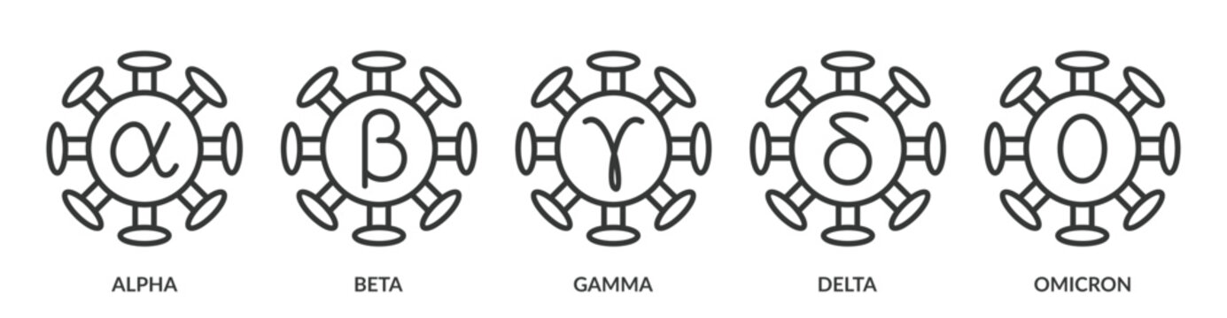 Coronavirus mutation banner web icon vector illustration concept with an icon of Covid-19 WHO variant names from the Greek alphabet: alpha, beta, gamma, delta, and omicron
