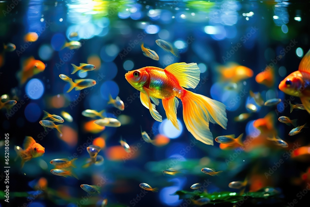 Wall mural goldfish swimming in the blue water with clear water