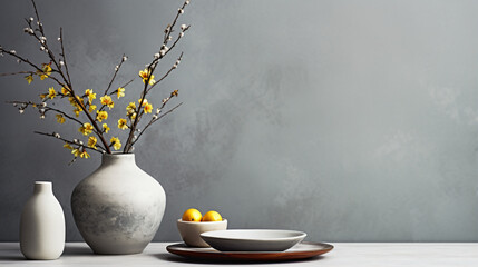 Table with home decor on grey wall background - obrazy, fototapety, plakaty