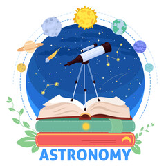 Astronomy education poster with telescope on books stack © Siberian Art