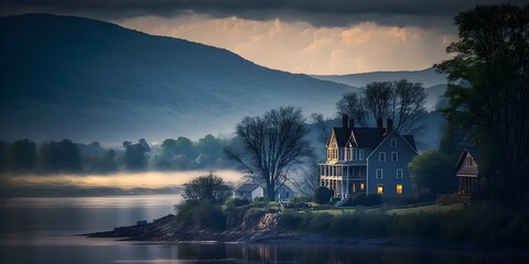 Evening mist over Blue Ridge Mountains Potomac river rural American houses after rain volumetric lighting reflections on a clear water sunny day beautifully color graded deep blue sky volumetric  - obrazy, fototapety, plakaty