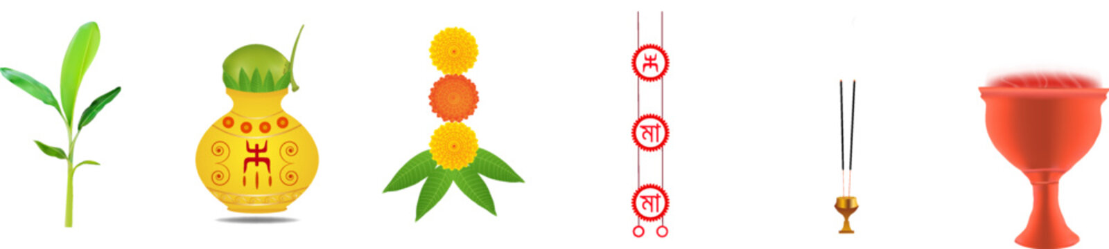 Durga Puja Flower Lotus Flower, Shiuli Flower, Banana Tree Traditional Indian, Marigold Flower, conch shell, Incense stick, Dhunuchi, Coconut Water, Pooja Ghat, Chand Mala, 