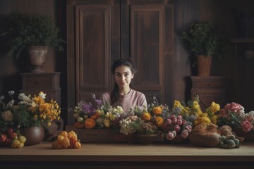 Beautiful gardener girl with flowers, AI generated