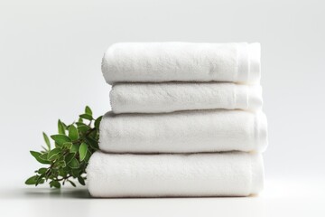 Fototapeta na wymiar A stack of white towels sitting next to a plant. AI image.