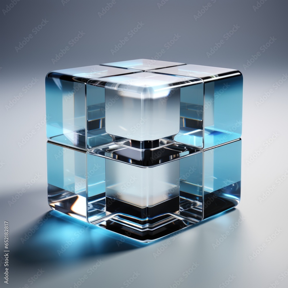 Poster a glass cube with a light inside of it. imaginary geometric object.