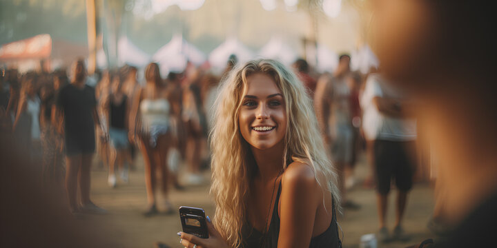 Young happy beautiful woman taking pictures at the music festival.