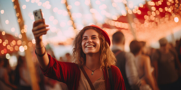 Young happy beautiful woman taking pictures at the music festival.