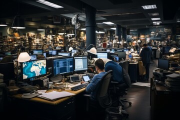 Newsroom bustling with activity as reporters gather and analyze information, Generative AI