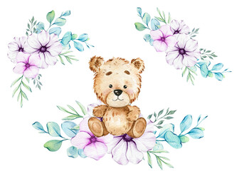 Cute Baby Bear Watercolor Illustration, Little Bear with balloons Isolated on white background. Hand Drawn Lovely Animal for nursery decor children illustration. Baby shower concept