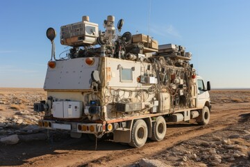 Satellite truck transmitting live footage from a remote location, Generative AI