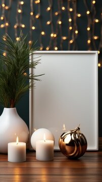A picture frame and three lit candles on a table. Photorealistic AI. Christmas mockup, copyspace.