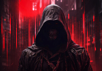 a hacker, shrouded in anonymity with a black robe and mask, is encircled by a frenetic dance of red coding patterns and data waves, symbolizing the relentless pursuit of cyber attackers