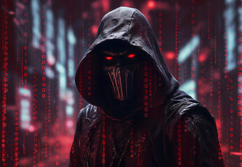 A mysterious hacker, concealed in a black robe and mask, is surrounded by a chaotic swirl of menacing red coding patterns and data waves, portraying the dark and illicit nature of cybercrime