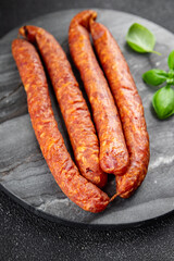 smoked sausage fresh meat meal food snack on the table copy space food background rustic top view